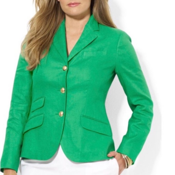 Ralph Lauren Jackets & Blazers - PLUS Ralph Lauren NWT 100% Linen Green & Gold Button Down Fully Lined Blazer 14W
